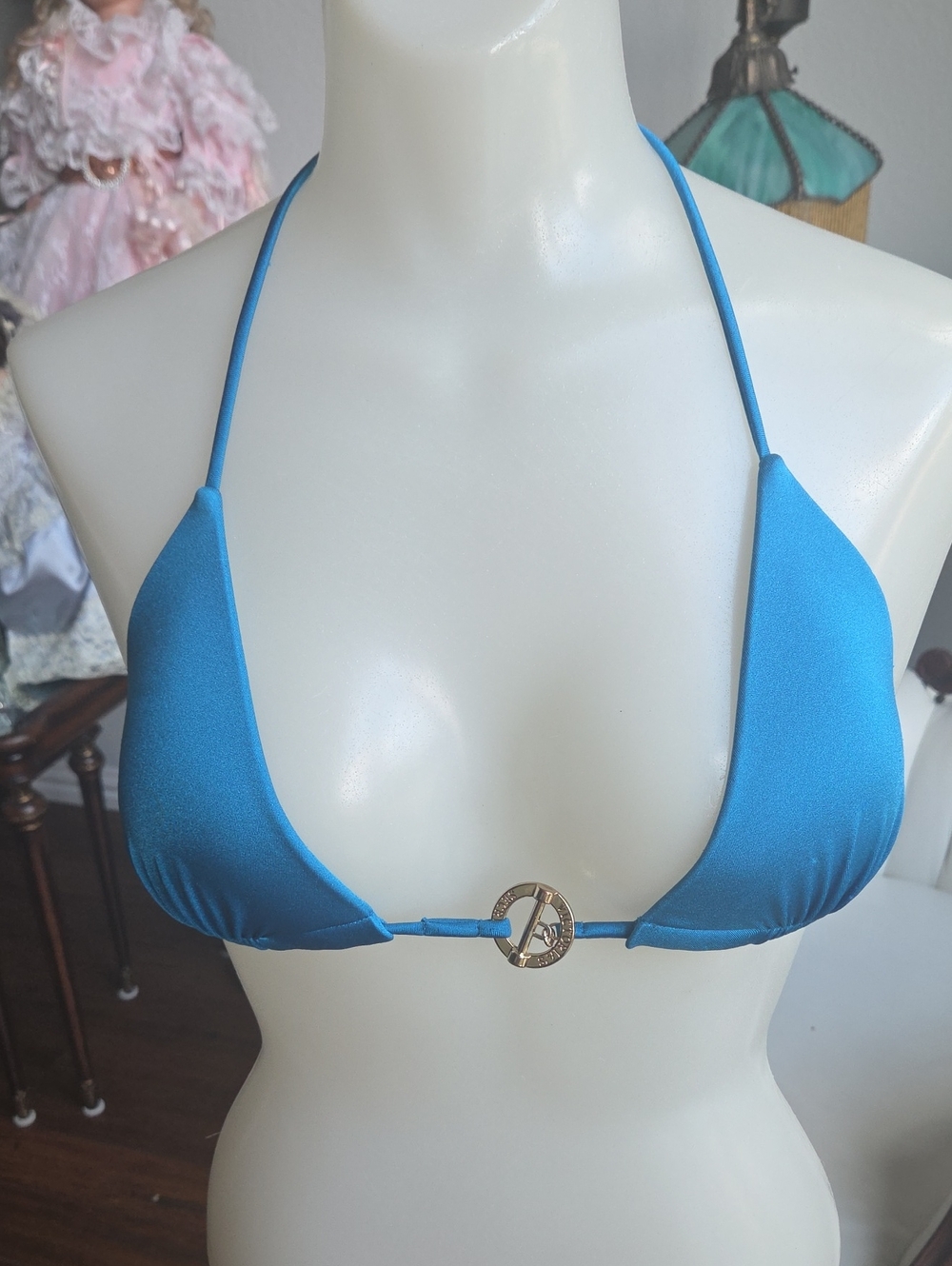 Victoria's Secret Bright Blue Triangle Halter Bikini Top with Center Ring
